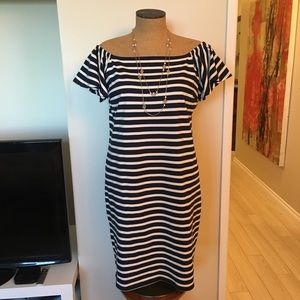 M/L Ralph Lauren Off Shoulder Knit Holiday Dress Navy White